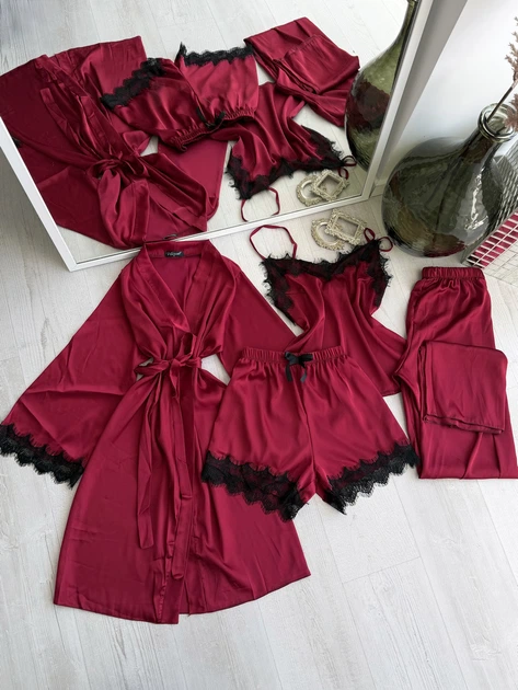 Жіночий комплект четвірка халат майка шорти штани Eleanor Collection M Бордовий - Фото 1 Жіночий комплект четвірка халат майка шорти штани Eleanor Collection M Бордовий - зображення 1