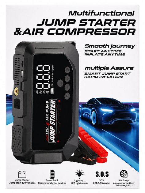 Пусковое устройство 3 в 1 для автомобиля 600 А, 9000 мА·ч - Jump Starter с компрессором, Power Bank и фонариком, 12 В - изображение 10