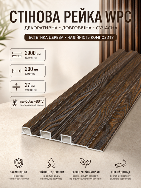 Рейка декоративная стеновая WPC из древесно-полимерного композита 200х27х2900мм SW-00003002 - изображение 3
