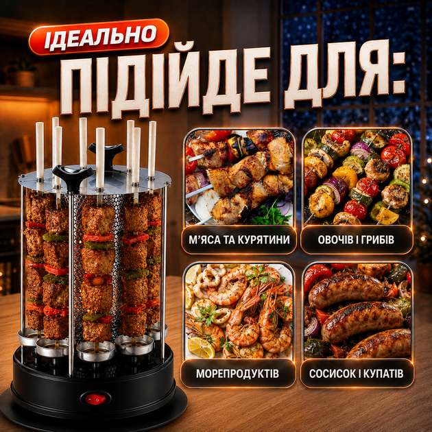 Шашличниця електрична портативний вертикальний мангал для кухні електрошашличниця с 8 шампурами мангал гриль барбекю Kayfovo PC-8gw - зображення 4