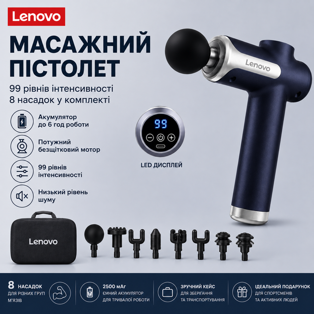 Масажний пістолет Lenovo 99 рівнів швидкості, 8 насадок, з кейсом - изображение 2