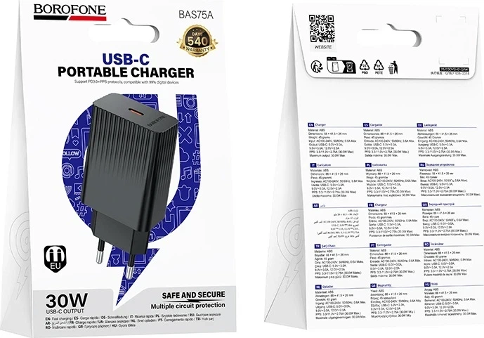 Мережевий зарядний пристрій BOROFONE BAS75A USB Type-C PD30W чорний - Фото 4 Мережевий зарядний пристрій BOROFONE BAS75A USB Type-C PD30W чорний - изображение 4