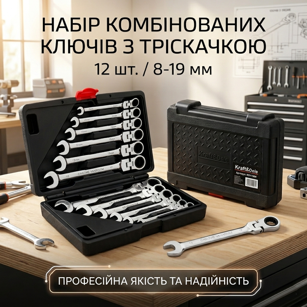 Набор рожково-накидных ключей комбинированных с трещоткой Kraft&Dele KD11304 инструменты для гаража автосервиса мастерские монтажных слесарных работ автомобильный комплект гаечных ключей 12 шт размер 8-19 мм хромированная углеродистая сталь CrV кейс - Фото 13 Набор рожково-накидных ключей комбинированных с трещоткой Kraft&Dele KD11304 инструменты для гаража автосервиса мастерские монтажных слесарных работ автомобильный комплект гаечных ключей 12 шт размер 8-19 мм хромированная углеродистая сталь CrV кейс - изображение 13