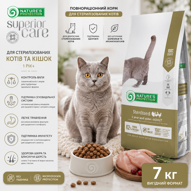 Сухий корм для стерилізованих котів та кішок Nature's Protection Sterilised 7кг - Фото 1 Сухий корм для стерилізованих котів та кішок Nature's Protection Sterilised 7кг - зображення 1