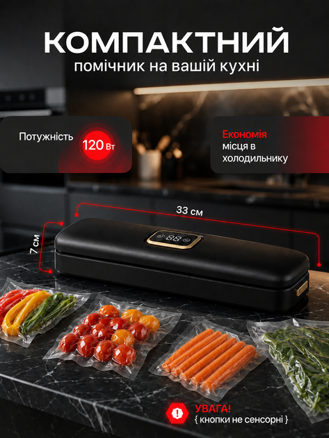 Вакууматор кухонный бытовой вакуумный упаковщик для продуктов с дисплеем, вакуумная машина для упаковки еды, вакууматор с комплектом пакетов 10 шт, черный - изображение 2