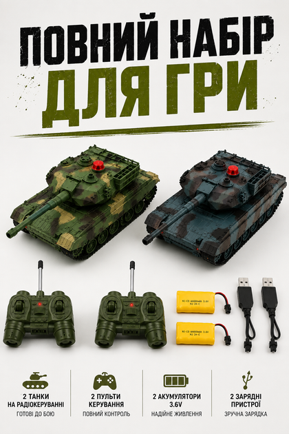Детский игровой набор «Танковый бой» UKC 33820 на радиоуправлении, 2 танка (1:37, ИК-бой, звук и свет, аккумуляторы 3.6V) зеленые - изображение 3