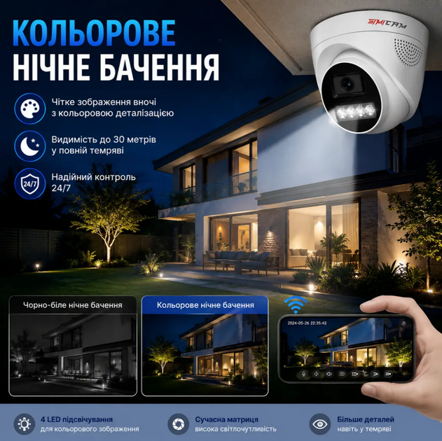 POE IP камера SIMICAM 8MP 4K купольная с датчиком движения, ONVIF, H.265 и цветным ночным видением - изображение 4