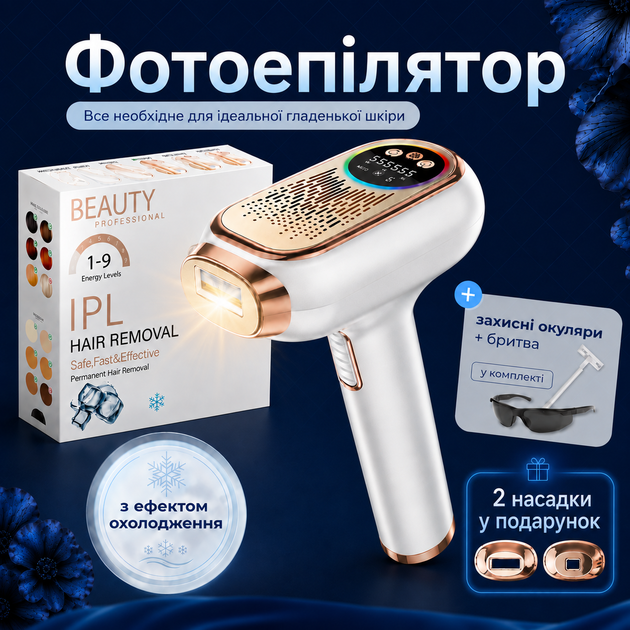 Фотоэпилятор IPL для женщин и мужчин с охлаждением Ice Cooling, 999 999 вспышек, 9 уровней мощности, 3 в 1, 2 насадки - изображение 2