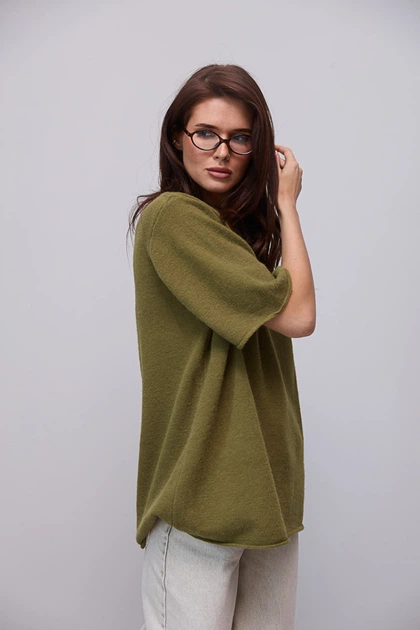 В'язана кофта oversize з коротким рукавом - хакі цвет, ONE SIZE (є розміри) - зображення 2