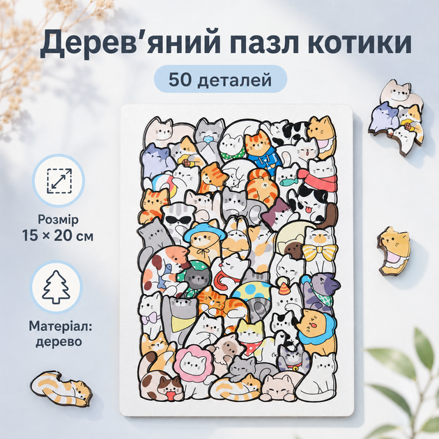Деревянный пазл Котики 50 деталей 15×20 см, фигурные пазлы из дерева для детей - Фото 1 Деревянный пазл Котики 50 деталей 15×20 см, фигурные пазлы из дерева для детей - изображение 1