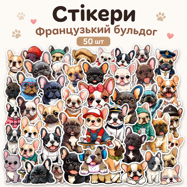 Набор виниловых стикеров Французский бульдог 50 шт, наклейки с собаками - Фото 1 Набор виниловых стикеров Французский бульдог 50 шт, наклейки с собаками - изображение 1