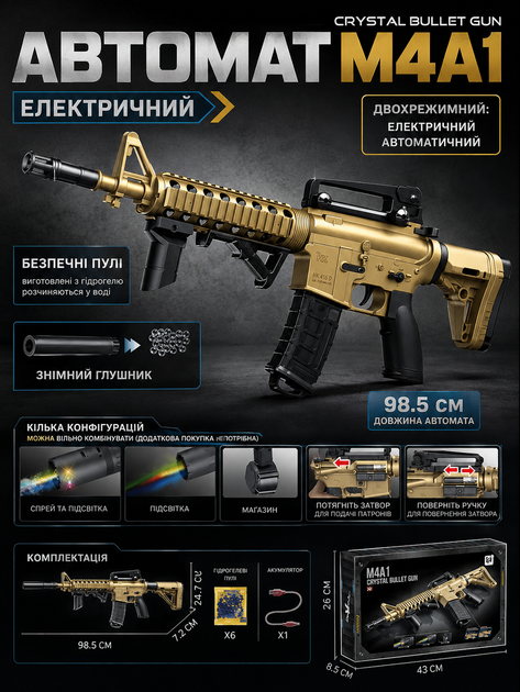 Детский автомат на орбизах M4A1 с аккумулятором, глушником, звуком и регулируемым прикладом - Фото 2 Детский автомат на орбизах M4A1 с аккумулятором, глушником, звуком и регулируемым прикладом - изображение 2