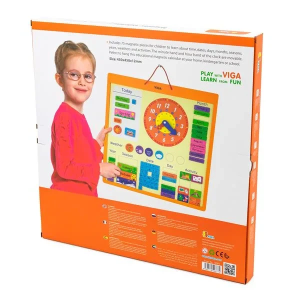 Magnetic Calendar Viga Toys Wood 46x46 cm Multicolor with Clock - Фото 3 Magnetic Calendar Viga Toys Wood 46x46 cm Multicolor with Clock - зображення 3