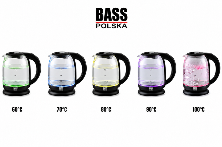 Чайник электрический стеклянный 2200 Вт Bass электро чайник с LED подсветкой 1,7 л с регулировкой температуры от 60°C до 100°C отдельный цвет для каждого температурного режима Прозрачный - изображение 6