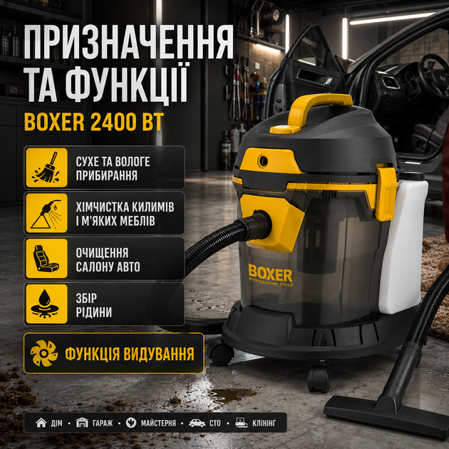 Пилосос BOXER для сухого вологого прибирання 2400 Вт промисловий мийний 15 л професійний екстрактор 18 кПа хімчистки килимів меблів автомобіля збір рідини видування HEPA металевий бак - зображення 2