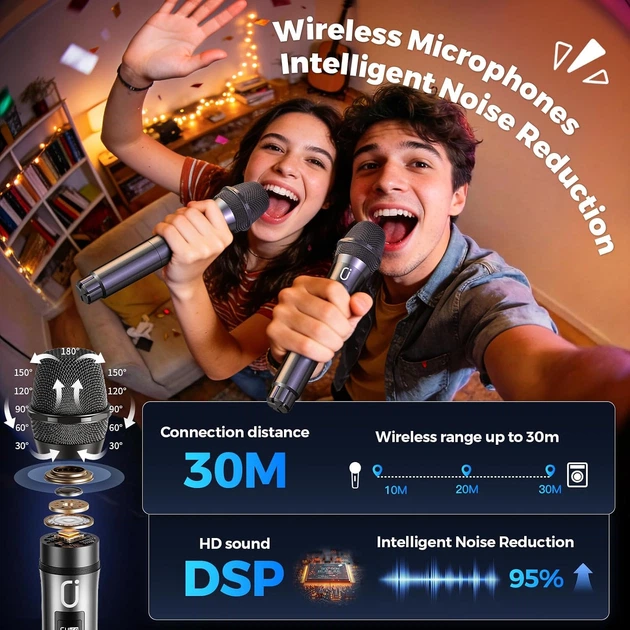 Портативная колонка HWWR S8-T Bluetooth 5.3 с 3 беспроводными микрофонами для вечеринок - изображение 3
