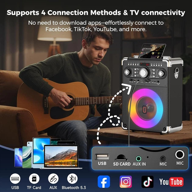 Портативная колонка HWWR S8-T Bluetooth 5.3 с 3 беспроводными микрофонами для вечеринок - изображение 4