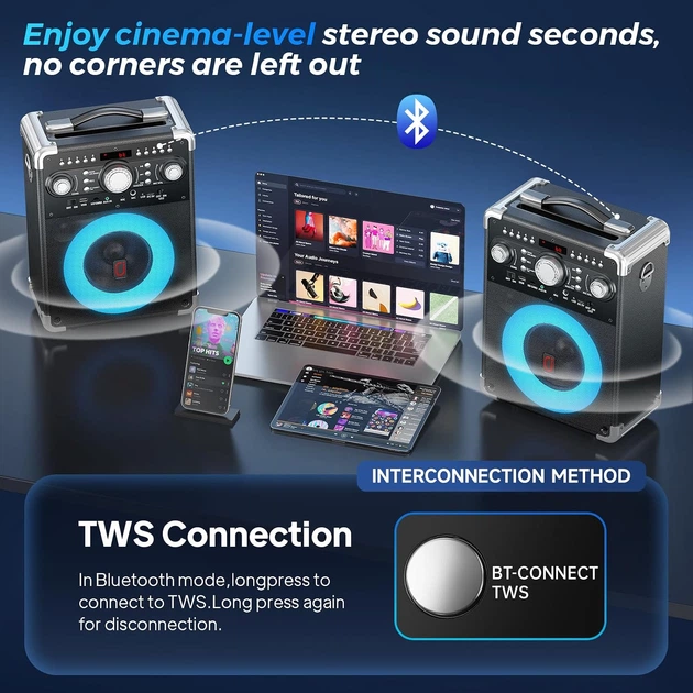 Портативная колонка HWWR S8-T Bluetooth 5.3 с 3 беспроводными микрофонами для вечеринок - изображение 5