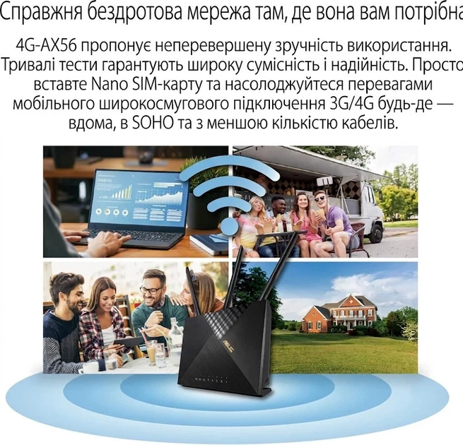Беспроводной 3G/4G Wi-Fi 6 маршрутизатор ASUS 4G-AX56 / LTE Cat.6 (300 Мбит/с) / AX1800 / 4x Гигабитных LAN / Captive Portal / AiProtection Pro / Черный (102259710) - Уценка - изображение 4