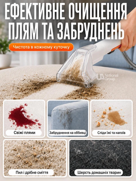 Пылесос моющий для ковров, мебели и матрасов с 2 насадками 750 Вт, портативный ручной пылесос-экстрактор с распылением воды для химчистки, влажной уборки, очистки автосалона и удаления пятен Белый, MHC-555-White - изображение 4