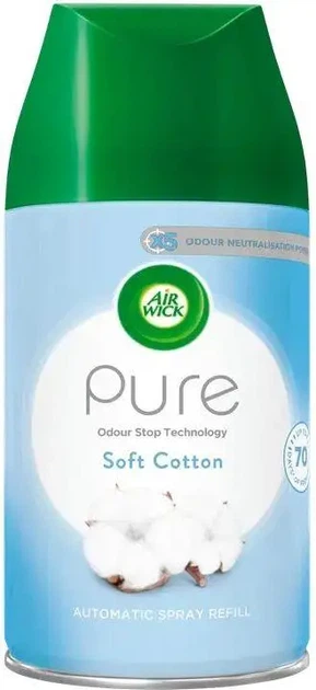 Замінний балон для автоматичного аерозольного освіжувача повітря Air Wick Freshmatic Pure Soft Cotton, 250 мл - Фото 1 Замінний балон для автоматичного аерозольного освіжувача повітря Air Wick Freshmatic Pure Soft Cotton, 250 мл - зображення 1