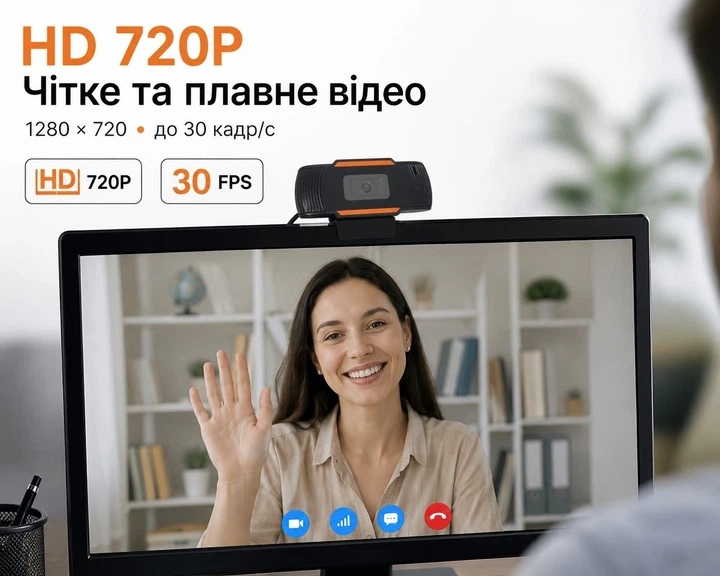 Веб-камера Okey HD 720P з автофокусом і мікрофоном, USB, для відеозв'язку та онлайн-навчання Black/Orange - изображение 2