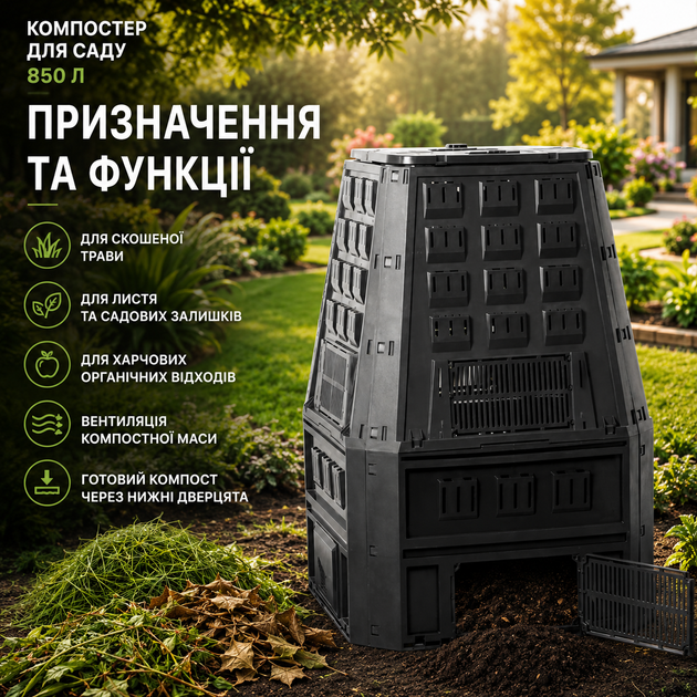 Компостер садовий 850 л контейнер для компосту пластиковий ящик перегною з вентиляцією нижніми дверцятами кришкою 90х91х134,5 см для трави органічних відходів Чорний - зображення 3