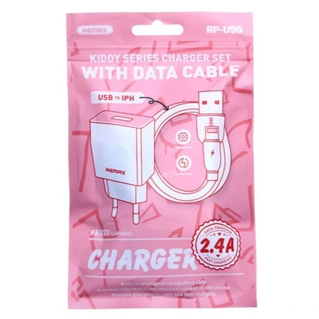 Мережевий зарядний пристрій з кабелем REMAX Kiddy Series 2.4A RP-Charger Set with Cable U95 IPH - изображение 2