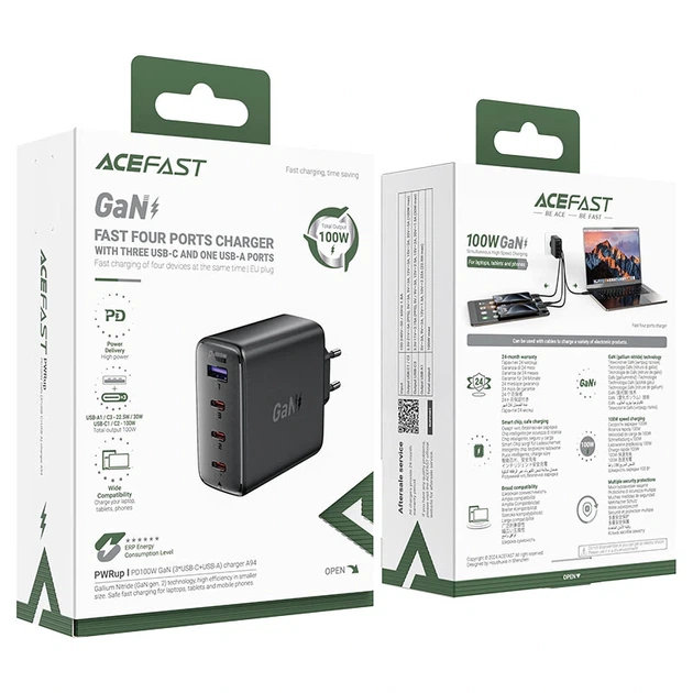 Мережевий зарядний пристрій ACEFAST A94 PD100W GaN (3*USB-C+USB-A) charger Black - Фото 2 Мережевий зарядний пристрій ACEFAST A94 PD100W GaN (3*USB-C+USB-A) charger Black - изображение 2