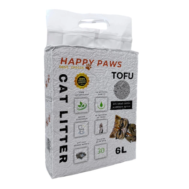 Наповнювач тофу HAPPY PAWS для котячих туалетів з активованим вугіллям 6л/2,6кг - Фото 1 Наповнювач тофу HAPPY PAWS для котячих туалетів з активованим вугіллям 6л/2,6кг - зображення 1