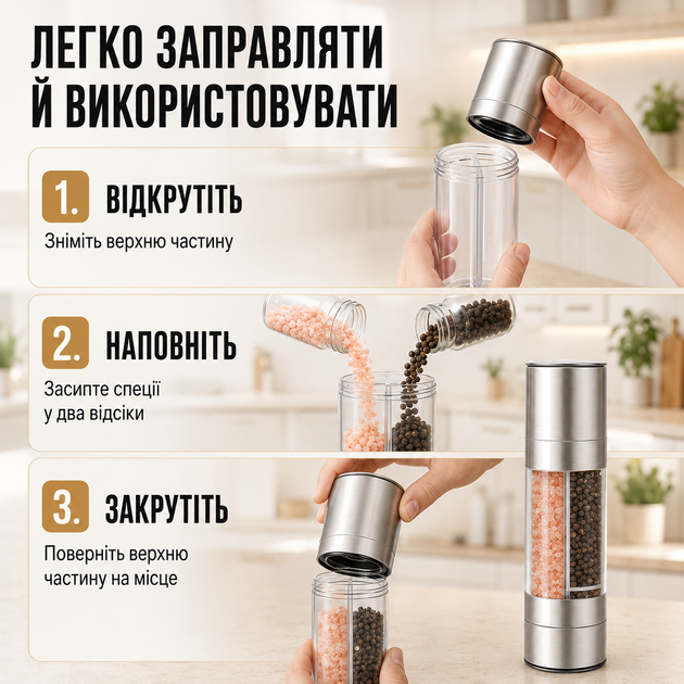 Мельница для соли и перца мельница для специй ручная мельница 2 в 1 измельчитель солонка перечница перцемолка Kayfovo CX207B - изображение 3