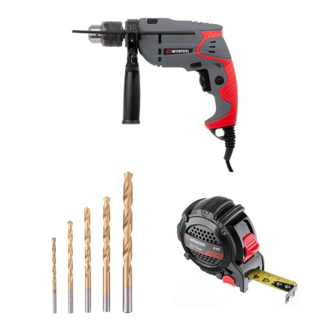Набор для монтажа INTERTOOL: дрель DT-0107 + сверла SD-0026 + рулетка MT-0825 - Фото 1 Набор для монтажа INTERTOOL: дрель DT-0107 + сверла SD-0026 + рулетка MT-0825 - изображение 1