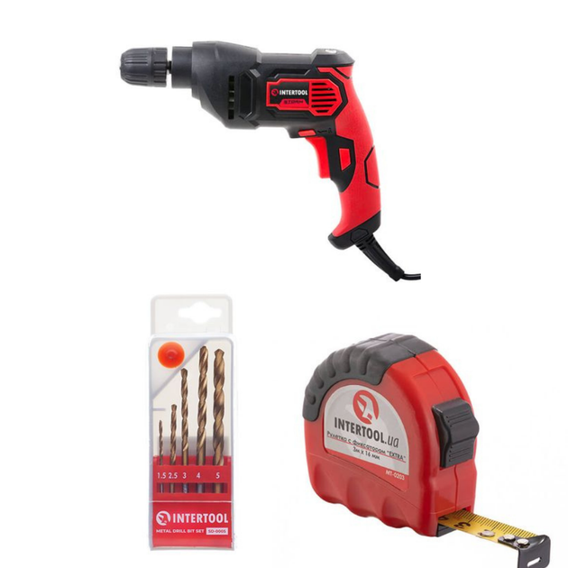Набор для монтажа INTERTOOL: дрель WT-0115 + сверла SD-0005 + рулетка MT-0203 - Фото 1 Набор для монтажа INTERTOOL: дрель WT-0115 + сверла SD-0005 + рулетка MT-0203 - изображение 1