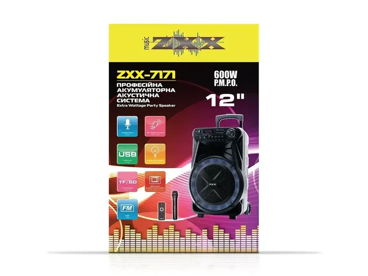 Акустична переносна колонка ZXX-7171 600 Вт 12 дюймів Bluetooth звук з TWS USB SD FM мікрофон 35х30х54 см портативна колонка для вечірки караоке та відпочинку - Фото 5 Акустична переносна колонка ZXX-7171 600 Вт 12 дюймів Bluetooth звук з TWS USB SD FM мікрофон 35х30х54 см портативна колонка для вечірки караоке та відпочинку - изображение 5