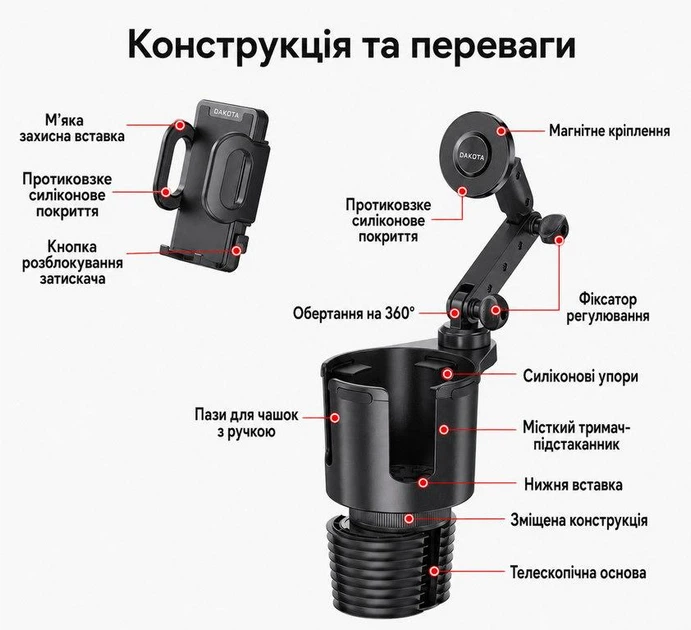 Тримач телефону в підстаканник авто Dakota CupDock Duo 360, магнітний MagSafe + затискач, для пляшки до 100 мм - Фото 11 Тримач телефону в підстаканник авто Dakota CupDock Duo 360, магнітний MagSafe + затискач, для пляшки до 100 мм - зображення 11