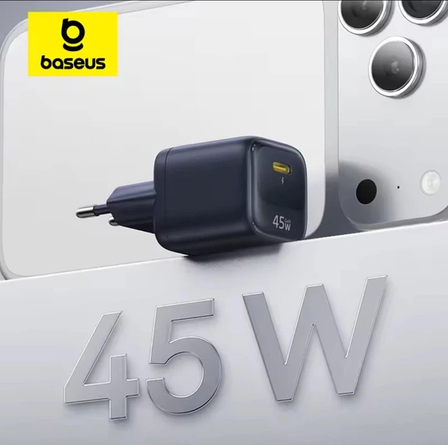Сетевое зарядное устройство Baseus GaN 45W USB-C PD/PPS QC3.0 для iPhone 17/16/15, Samsung, Xiaomi - изображение 3