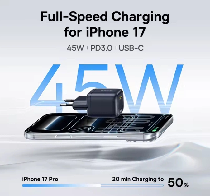 Сетевое зарядное устройство Baseus GaN 45W USB-C PD/PPS QC3.0 для iPhone 17/16/15, Samsung, Xiaomi - изображение 4