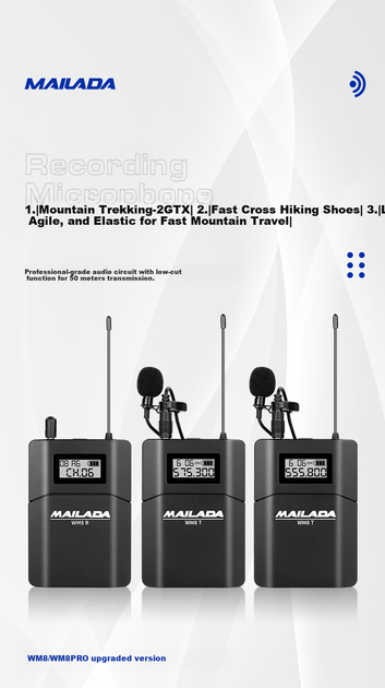 Беспроводной мини-микрофон Mailada WM8 Upgraded Mini Bee, крепление на камеру, микрофон для аудиозаписи, запись интервью на цифровую зеркальную камеру, микрофон для прямой трансляции на мобильный телефон, работает от батареек. - изображение 8