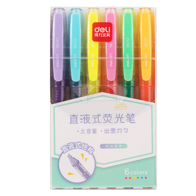 Канцелярські товари Deli Stationery [великої ємності, рідкий прямого подачі] маркери-маркери для студентських іспитів та оглядів, кольорові маркери для ключових моментів, флуоресцентні кольори, 6 ручок/коробка SK157 - зображення 4