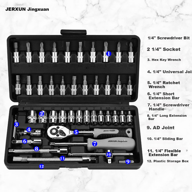 Набор инструментов JERXUN из 46 предметов: торцевые ключи, гаечный ключ для авторемонта, трещотка, ключ для ремонта мотоциклов, быстросъемный гаечный ключ, динамометрическая отвертка. - изображение 5
