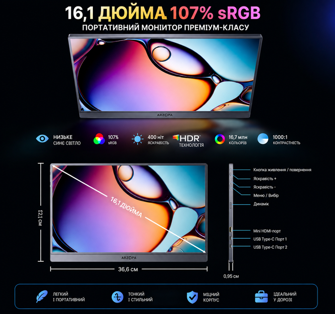 Монитор портативный Дополнительный экран ARZOPA 16.1″ 2K 180Hz с чехлом Монитор внешний - изображение 8
