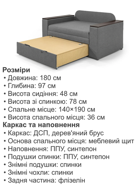 Диван Кубус-140 размер 180×97 см, серый - изображение 6