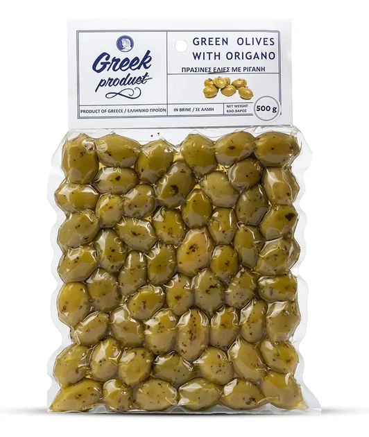 Зелені Оливки з травами Орегано Greek Product з кісточкою 250г - Фото 1 Зелені Оливки з травами Орегано Greek Product з кісточкою 250г - зображення 1