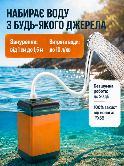 Портативний душ на акумуляторі туристичний з насосом для кемпінгу похідний переносний мобільний для дачі вуличний тропічний з шлангом лійкою літній душ для військових 6000 mAh потужний OnePro Помаранчевий 74160 - Фото 6 Портативний душ на акумуляторі туристичний з насосом для кемпінгу похідний переносний мобільний для дачі вуличний тропічний з шлангом лійкою літній душ для військових 6000 mAh потужний OnePro Помаранчевий 74160 - зображення 6