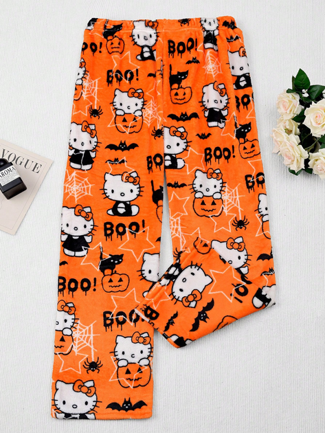 Штаны плюшевые пижамные оранжевого цвета Hello Kitty Helloween, теплые домашние штаны Хеллоу Китти Хеллоуин, S-M - Фото 5 Штаны плюшевые пижамные оранжевого цвета Hello Kitty Helloween, теплые домашние штаны Хеллоу Китти Хеллоуин, S-M - изображение 5