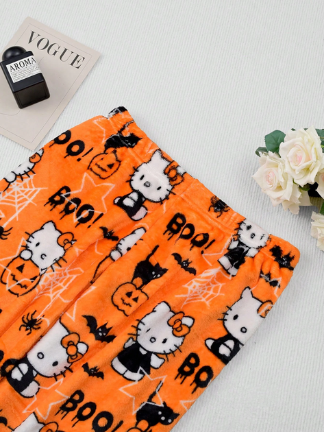 Штаны плюшевые пижамные оранжевого цвета Hello Kitty Helloween, теплые домашние штаны Хеллоу Китти Хеллоуин, S-M - Фото 6 Штаны плюшевые пижамные оранжевого цвета Hello Kitty Helloween, теплые домашние штаны Хеллоу Китти Хеллоуин, S-M - изображение 6
