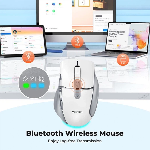 Компьютерная мышь Meetion беспроводная 2.4G + Bluetooth игровая 800–2400 dpi 7 кнопок RGB бело-серая (BTM001) - изображение 5