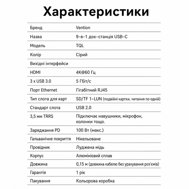 Док-станция USB-C Vention кабель 0,15 м 9-в-1 1 порт HDMI до 4K@60 Гц 3 порта USB-A USB 3.0 до 5 Гбит/с 1 порт RJ-45 до 1 Гбит/с 1 вход PD до 100 Вт 1 слот SD + 1 слот microSD аудиопорт TRRS 3,5 мм OMTP + CTIA серый (TQLHB) - Фото 12 Док-станция USB-C Vention кабель 0,15 м 9-в-1 1 порт HDMI до 4K@60 Гц 3 порта USB-A USB 3.0 до 5 Гбит/с 1 порт RJ-45 до 1 Гбит/с 1 вход PD до 100 Вт 1 слот SD + 1 слот microSD аудиопорт TRRS 3,5 мм OMTP + CTIA серый (TQLHB) - изображение 12