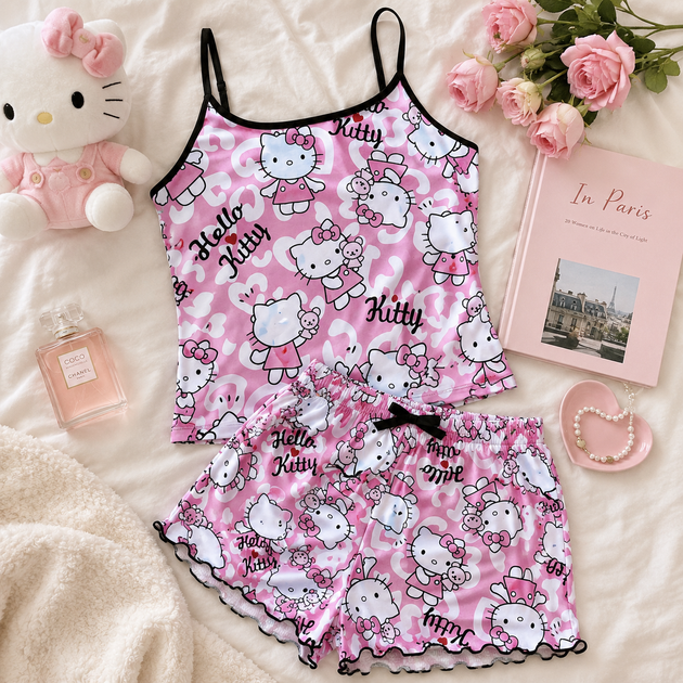 Пижама женская Hello Kitty летняя майка и шорты для сна и отдыха Розовая S - Фото 5 Пижама женская Hello Kitty летняя майка и шорты для сна и отдыха Розовая S - изображение 5