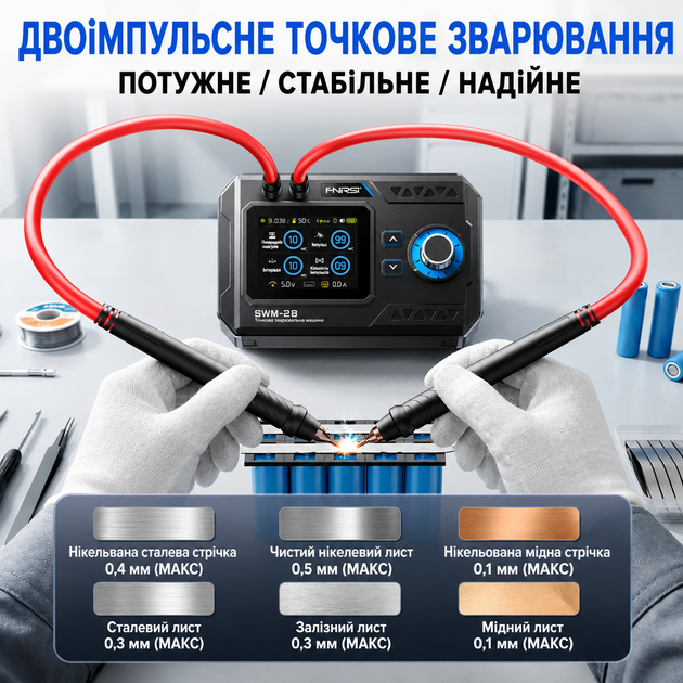 Портативний апарат для точкового зварювання акумуляторів ручний FNIRSI SWM-20 зварка для Li-ion акумуляторів та батарей 18650 та других набір - Фото 5 Портативний апарат для точкового зварювання акумуляторів ручний FNIRSI SWM-20 зварка для Li-ion акумуляторів та батарей 18650 та других набір - зображення 5
